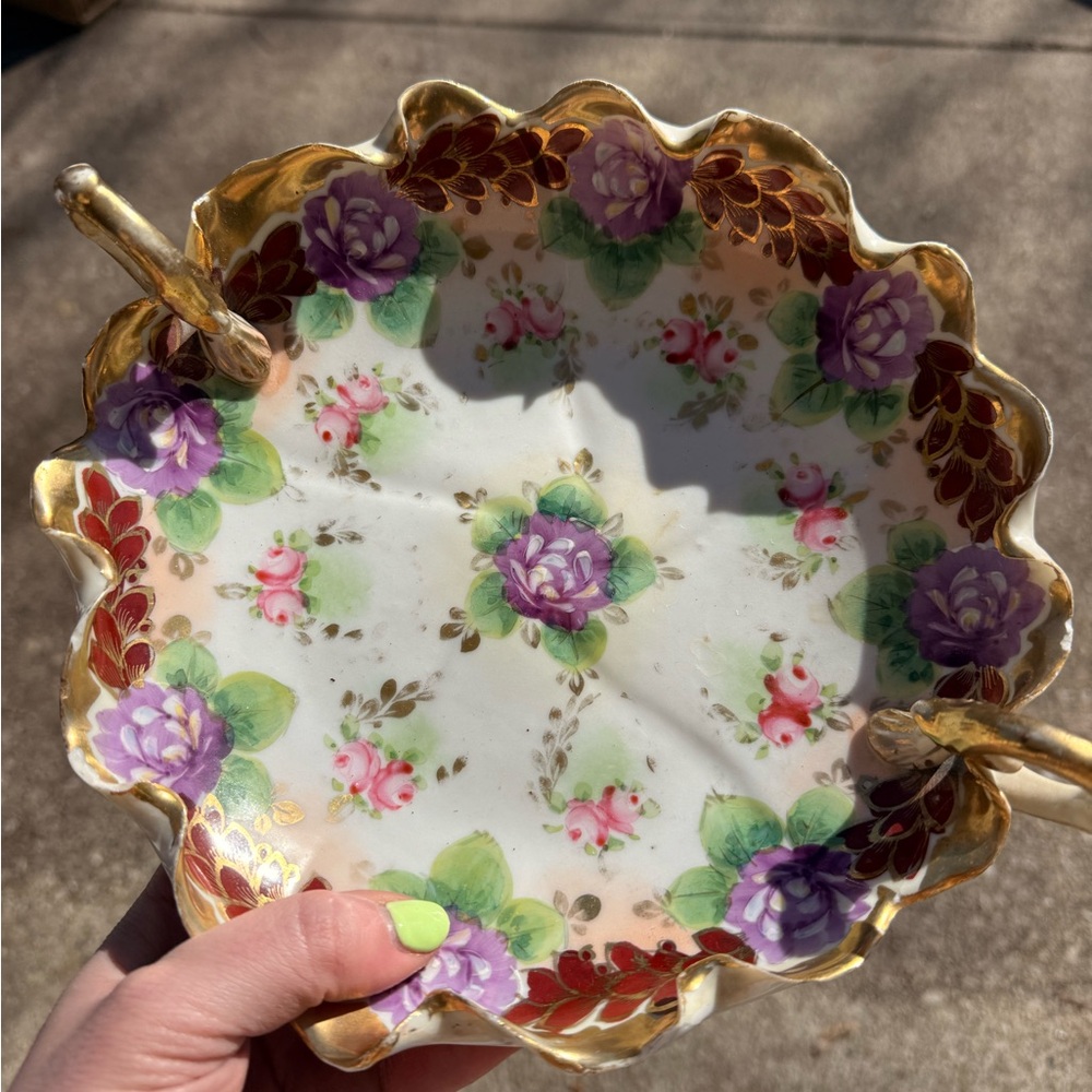 Vintage Scalloped Hand-Painted Floral Porcelain Dish with Gold Trim